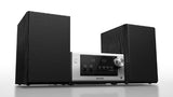 Panasonic SC-PM700GNS Wireless Micro System in silver, delivering 80W audio with Bluetooth, CD player, and minimalist design.