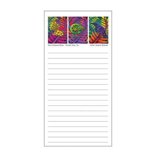 Colorful magnetic shopping list featuring Fantail, Kiwi, and Tui designs for easy grocery planning.