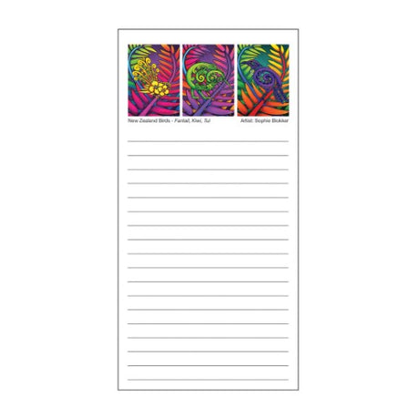 Colorful magnetic shopping list featuring Fantail, Kiwi, and Tui designs for easy grocery planning.