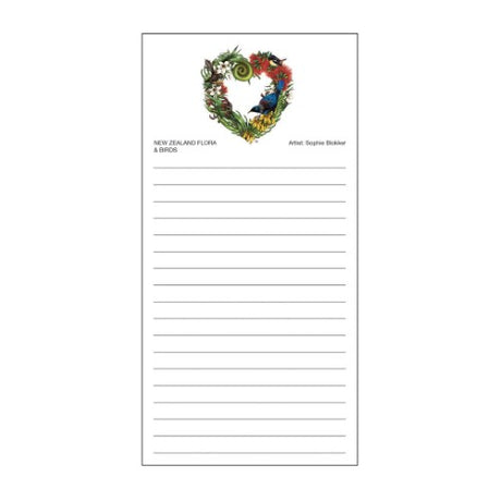 Sophie Blokker magnetic shopping list featuring vibrant birds and flora, perfect for organizing groceries with Kiwiana charm.