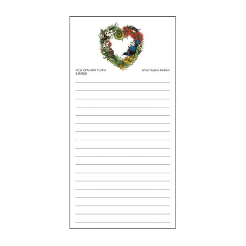 Sophie Blokker magnetic shopping list featuring vibrant birds and flora, perfect for organizing groceries with Kiwiana charm.
