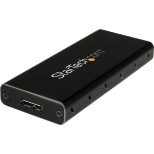 StarTech.com M.2 SATA SSD enclosure in black and silver, designed for high-speed, portable storage via USB 3.1 Gen 2.