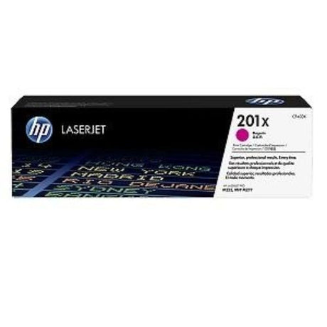 HP 201X High Yield Magenta Toner Cartridge for LaserJet, prints up to 2,300 pages with vibrant color quality.