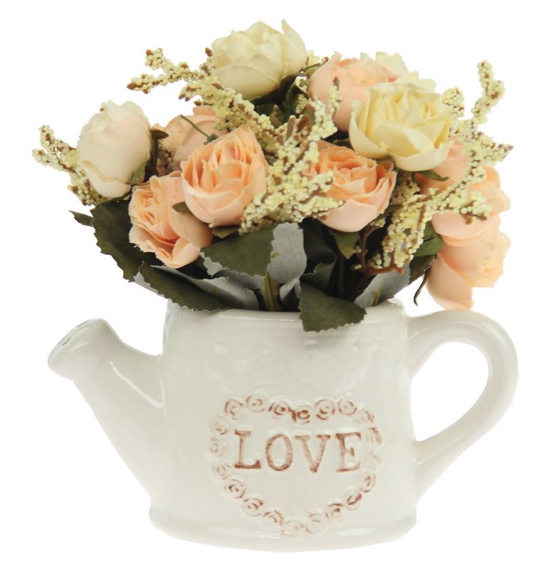 Set of 2 peach fabric roses in charming ceramic watering cans, perfect for elegant home decor accents.