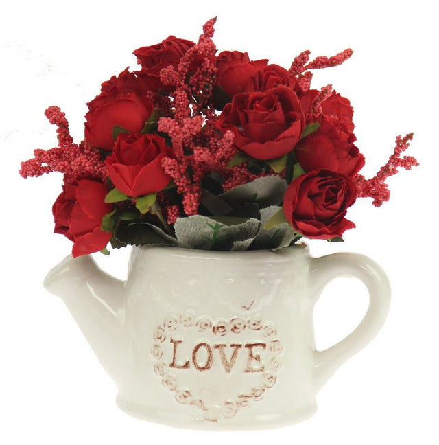 Red fabric roses in a ceramic watering can, set of 2, perfect for elegant home decor and seasonal celebrations.