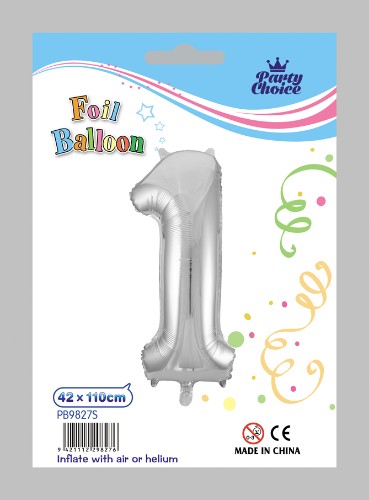 Silver foil balloon shaped like the number 1, perfect for celebrations like birthdays and graduations, adding elegance to events.