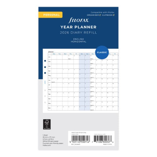 Filofax Refill Year Planner Horizontal Personal 2026
