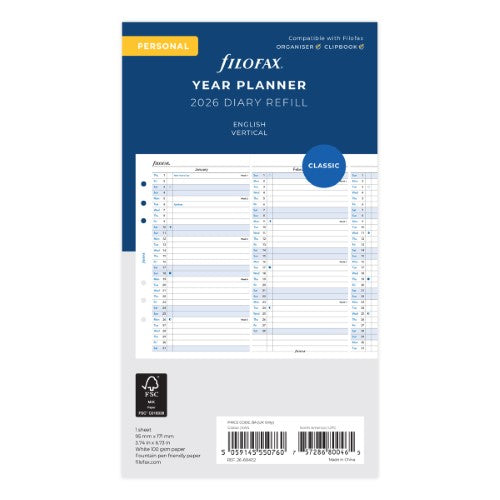 Filofax Refill Year Planner Vertical Personal 2026