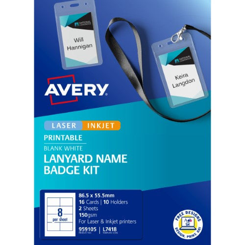Avery Lanyard Name Badge Kit L7418  86.5x55.5mm 8up 10 Sheets