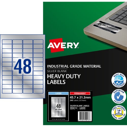 Avery Heavy Duty ID Label L6009 Silver Laser 47.5x21.2mm 48up 5 Sheets