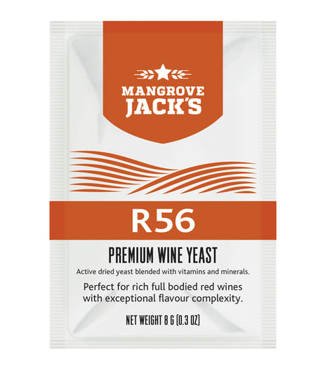 Mangroves Jack's Wine Yeast R56 in an 8g packet, ideal for creating rich, complex red wines with enhanced aromas.