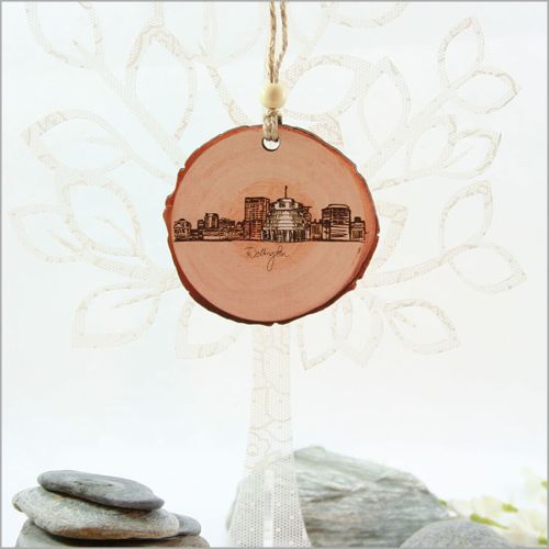 Wood Slice Ornament in Wellington design, crafted of premium wood veneer with intricate designs, perfect for decorating your Christmas tree.