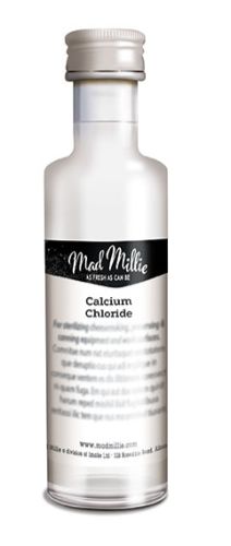 Mad Millie Calcium Chloride 50ml bottle, essential for restoring calcium in milk for cheese-making, ensuring firm curd formation.