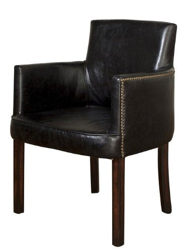 Luxurious Belon Black leather Ithaca Carver Chair with solid Birch frame and three-layer cushioning for ultimate comfort.