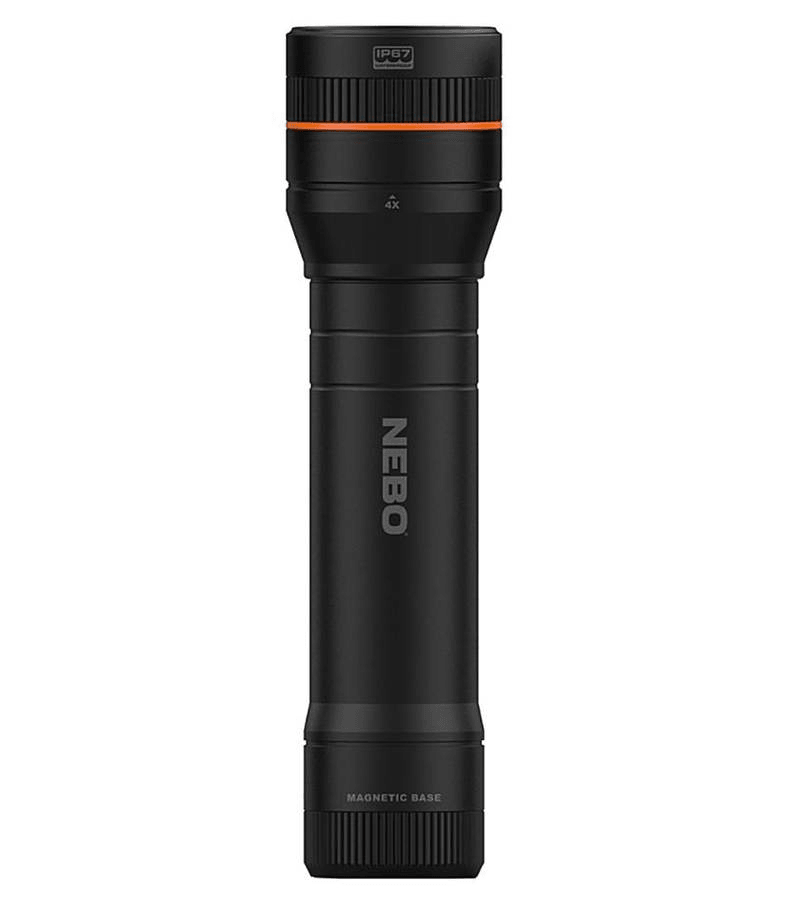 Powerful 1000 lumen LED flashlight with 4 modes, water-resistant, impact-resistant, 3X zoom, and magnetic base for hands-free use.