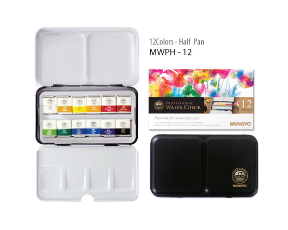 Mungyo Watercolour 12HP Set in a metal case with vibrant, lightfast colors and two fold-out palettes for mixing.