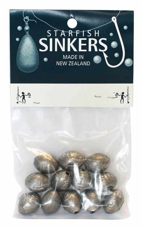 Starfish Egg Sinker Packet with 12 versatile 1/2oz sinkers, ideal for estuary fishing and light running sinker rigs.