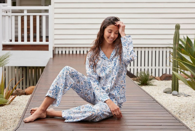 Lightweight Mediterranean patterned classic pyjama set with a button-up top and drawstring pants, ethically made in Turkey.