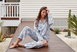 Lightweight Mediterranean patterned classic PJ set with long sleeves, elastic waistband, and drawstring, made from certified cotton.