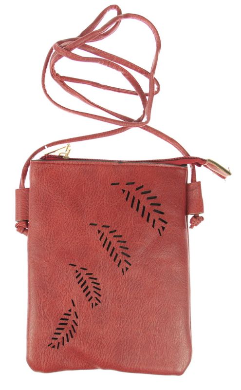 Stylish wine phone bag with fern cutout, 15x19cm, 130cm strap, light gold hardware, perfect for modern women.