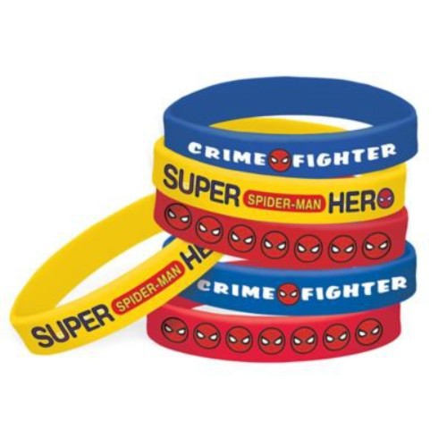 Colorful Spiderman rubber bracelets in assorted designs, perfect for kids' parties and superhero-themed celebrations.