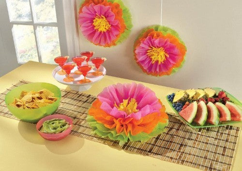 Vibrant pack of 3 16-inch hibiscus tissue paper flowers for tropical-themed decorations at events and celebrations.