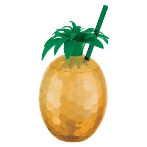 Gold Pineapple Plastic Cup & Straw with vibrant gold finish, 28oz capacity, perfect for tropical parties and eco-friendly sipping.