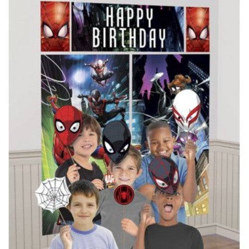 Spiderman Scene Setter Kit featuring 17 vibrant pieces and props for superhero-themed parties and events.