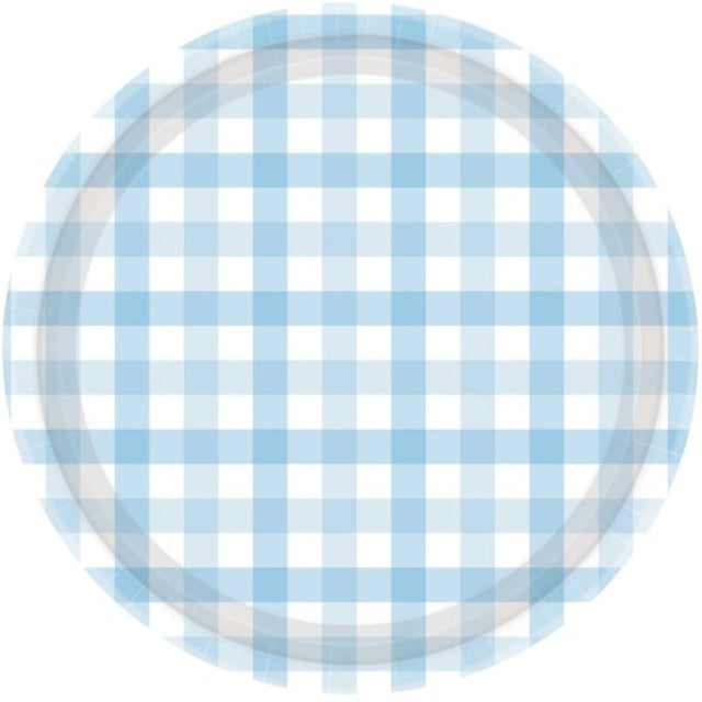 Pastel blue gingham paper plates, 17cm, pack of 8, perfect for stylish appetizers and desserts at any celebration.