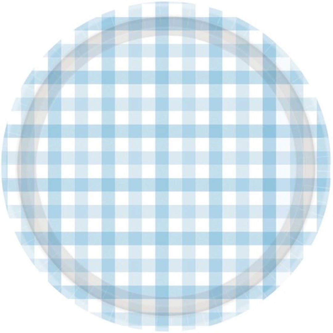 Gingham 23cm Paper Plate Pastel Blue    - Pack of 8