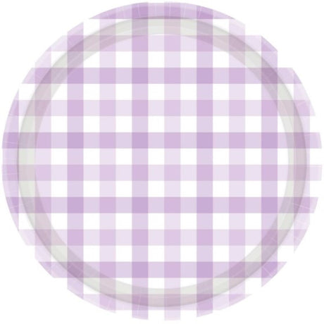 Pastel purple 17cm paper plates with a charming gingham pattern, ideal for stylish and eco-friendly celebrations. Pack of 8.