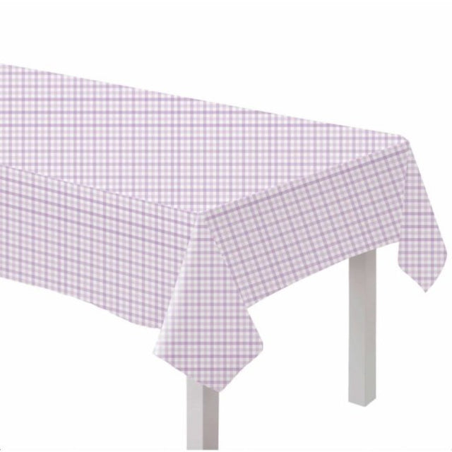 Pastel purple gingham paper tablecover, ideal for events like parties and weddings, eco-friendly and easy to set up.