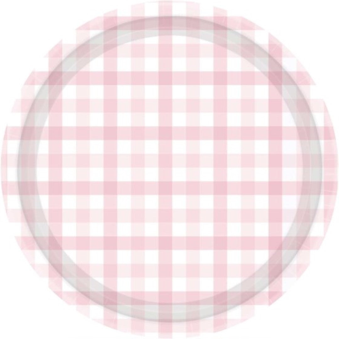 Pastel pink 23cm paper plates with gingham pattern, eco-friendly and perfect for stylish gatherings, pack of 8.