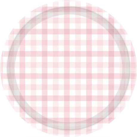 Pastel pink 23cm paper plates with gingham pattern, eco-friendly and perfect for stylish gatherings, pack of 8.