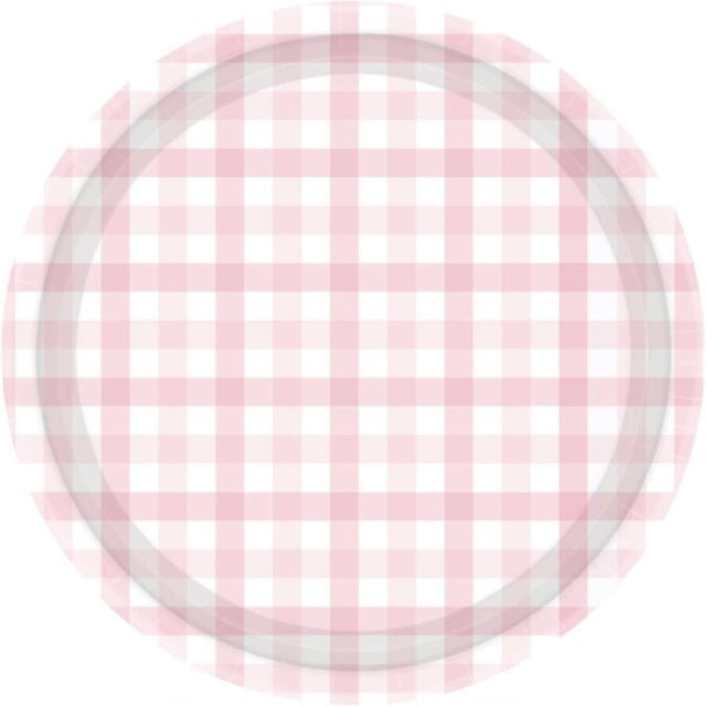 Pastel pink 23cm paper plates with gingham pattern, eco-friendly and perfect for stylish gatherings, pack of 8.