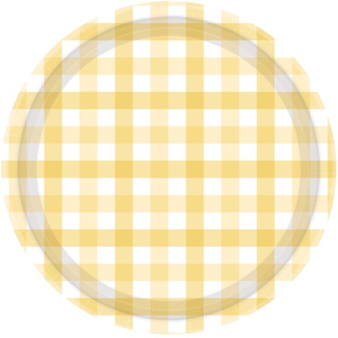 Pastel yellow 17cm paper plates with a charming gingham pattern, perfect for stylish and eco-friendly gatherings. Pack of 8.