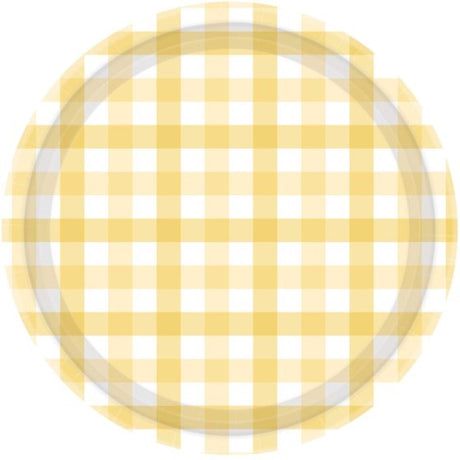 Pastel yellow 17cm paper plates with a charming gingham pattern, perfect for stylish and eco-friendly gatherings. Pack of 8.