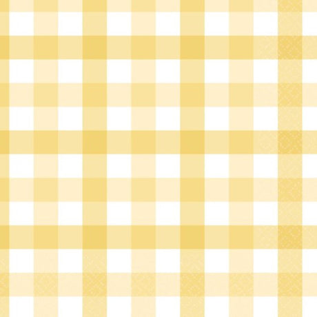 Pastel yellow gingham lunch napkins, pack of 16, perfect for stylish dining at picnics and gatherings.