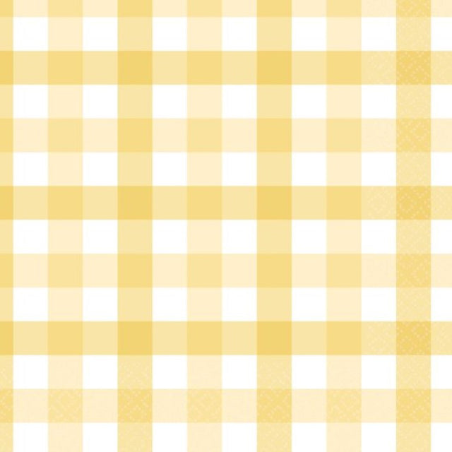 Pastel yellow gingham lunch napkins, pack of 16, perfect for stylish dining at picnics and gatherings.