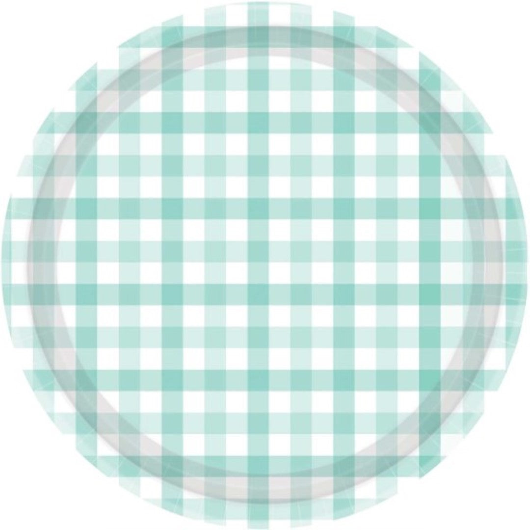 Pastel mint 23cm paper plates with a charming gingham pattern, pack of 8, eco-friendly and perfect for any gathering.