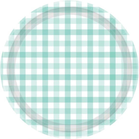 Pastel mint 23cm paper plates with a charming gingham pattern, pack of 8, eco-friendly and perfect for any gathering.