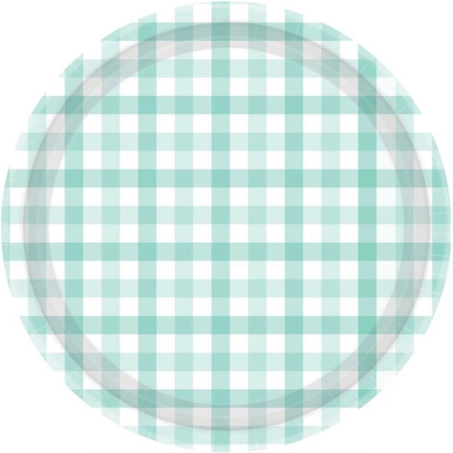 Pastel mint 23cm paper plates with a charming gingham pattern, pack of 8, eco-friendly and perfect for any gathering.