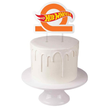 Vibrant Hot Wheels Acrylic Cake Topper, 15cm x 17.3cm, ideal for car-themed celebrations with iconic designs.