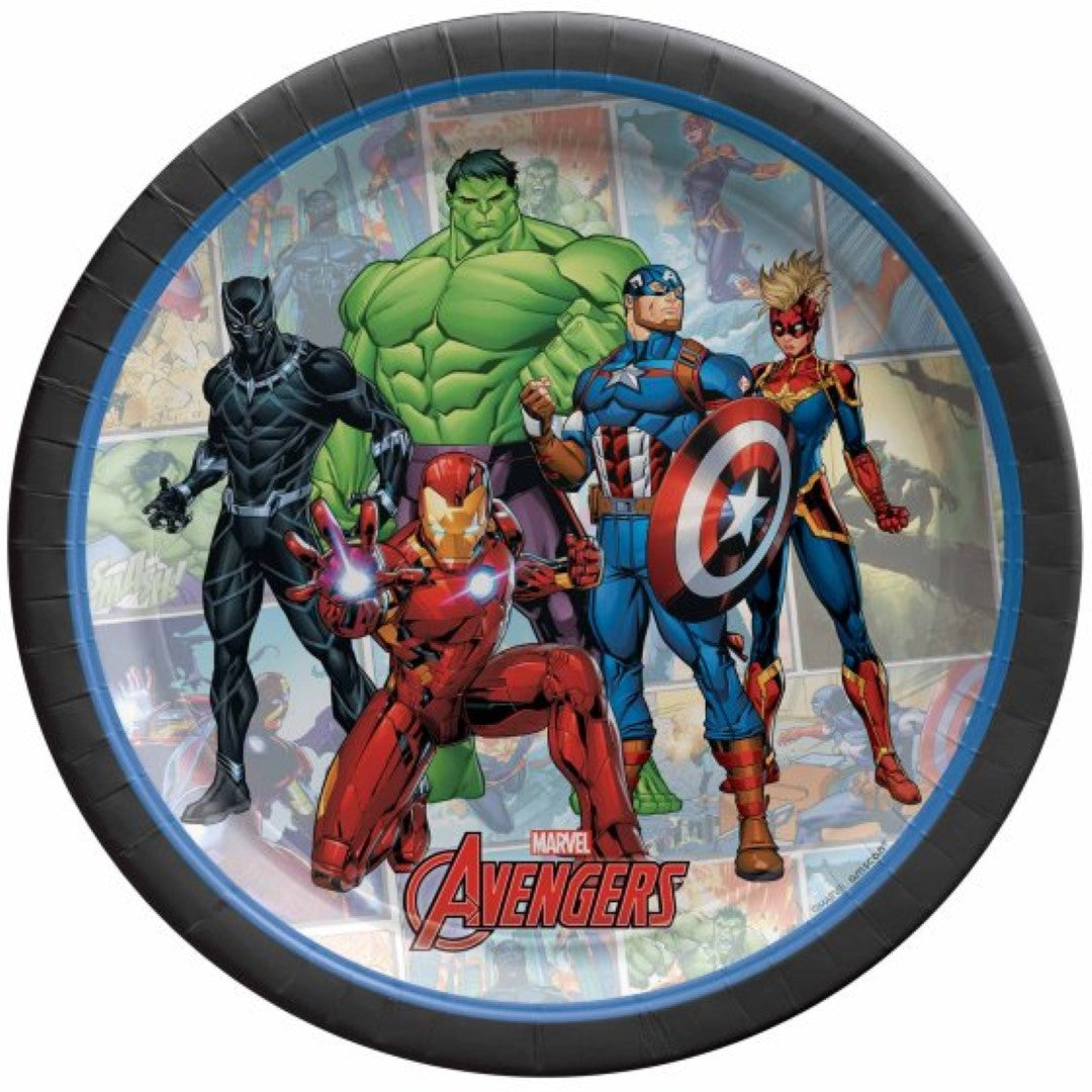 Vibrant 17cm Marvel Powers Unite paper plates featuring iconic characters, perfect for superhero-themed parties. Pack of 8.