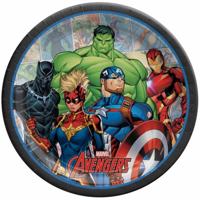 Vibrant 23cm Marvel Powers Unite paper plates featuring iconic superheroes, perfect for eco-friendly party celebrations.