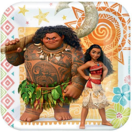 Moana-themed 17cm square paper plates in a pack of 8, perfect for vibrant parties and eco-friendly dining.