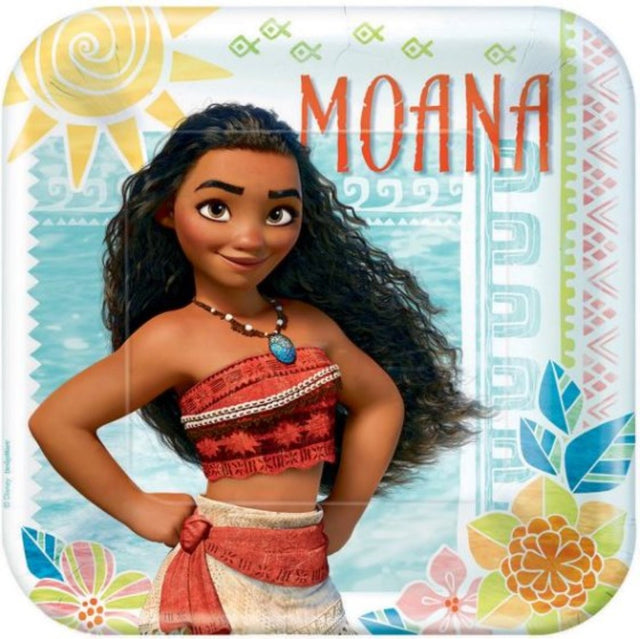 Vibrant Moana-themed 23cm square paper plates, pack of 8, eco-friendly and perfect for parties and celebrations.