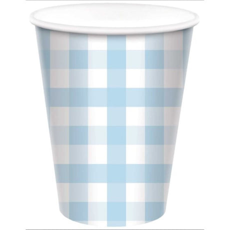 Pastel blue gingham paper cups, 266ml, pack of 8, perfect for stylish drinks at events and eco-friendly gatherings.