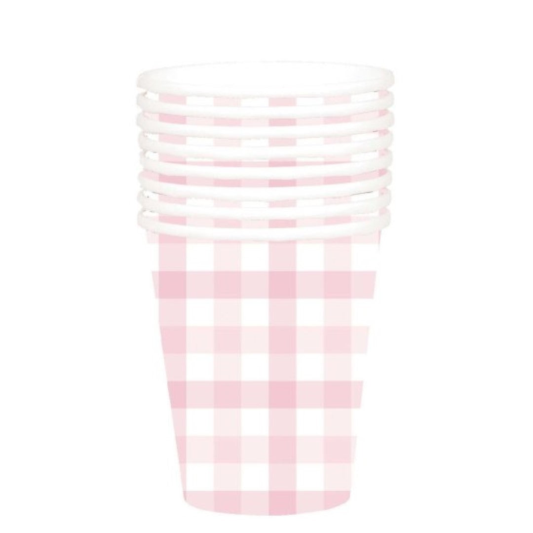 Pastel pink Gingham paper cups, 266ml, pack of 8, eco-friendly and stylish for parties and gatherings.