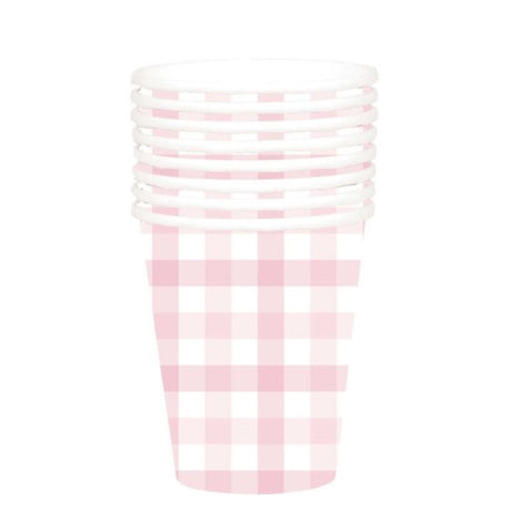 Pastel pink Gingham paper cups, 266ml, pack of 8, eco-friendly and stylish for parties and gatherings.